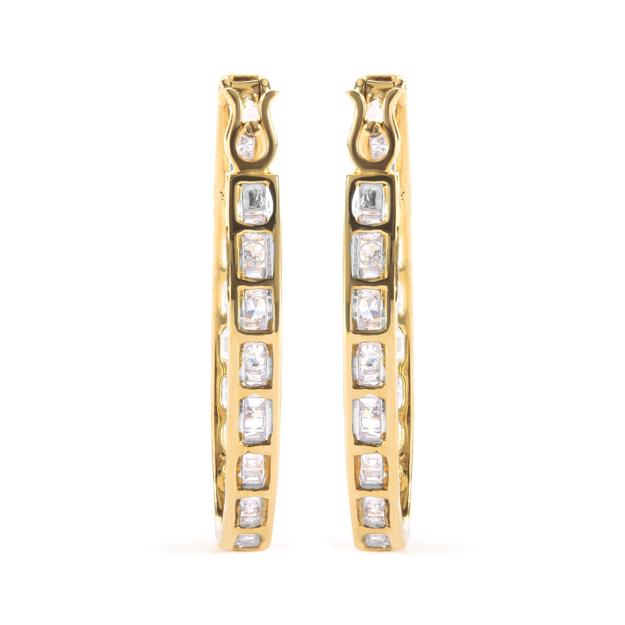 10K Yellow Gold 1.00 Cttw Round and Baguette-Cut Diamond U-Hoop Earrings (H-I Color, SI2-I1 Clarity)
