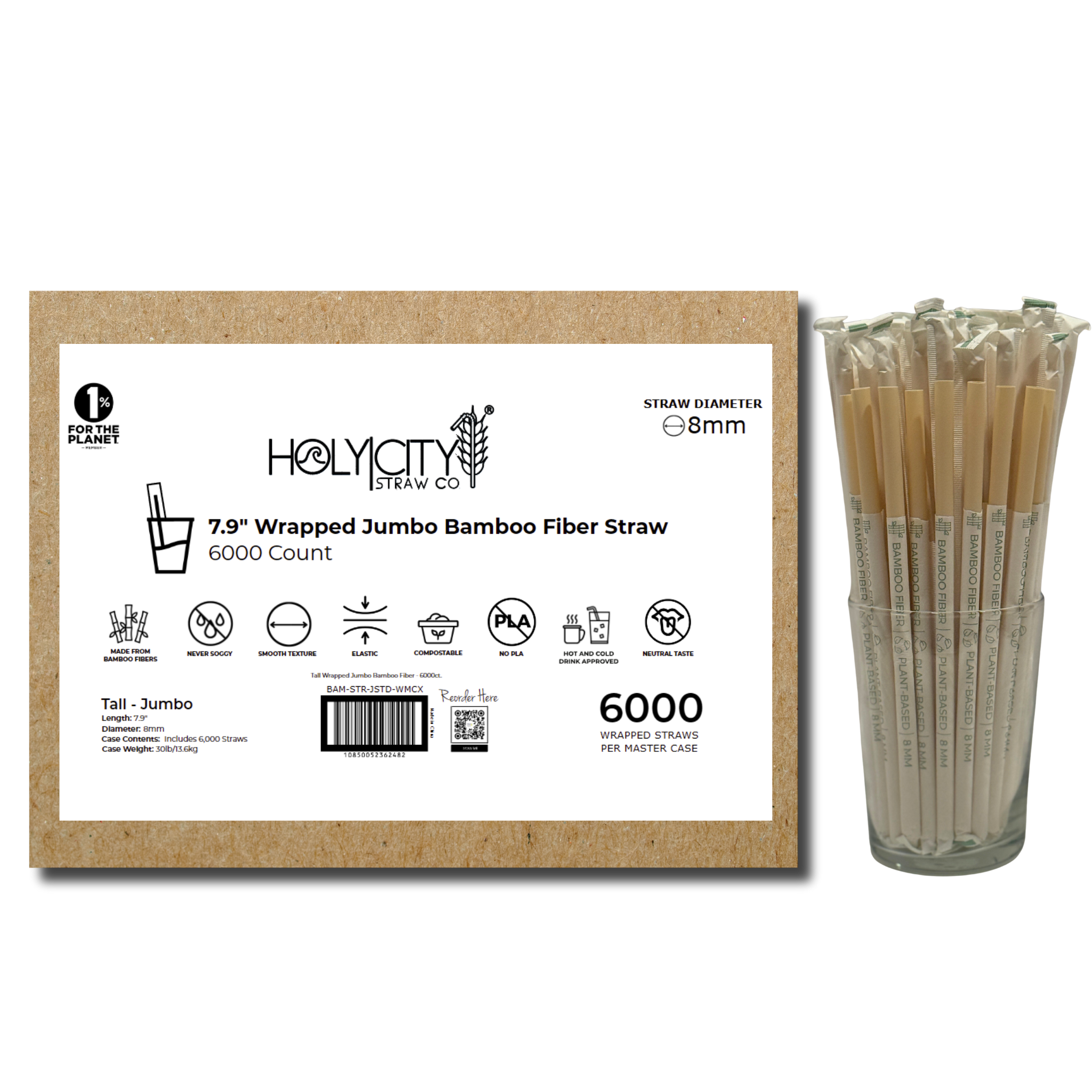 7.9" Wrapped Bamboo Fiber Straws | 8mm